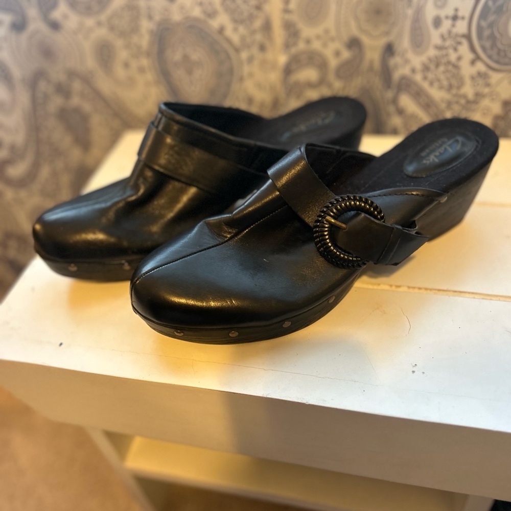 Clarks Black Leather Mules with Decorative Buckle